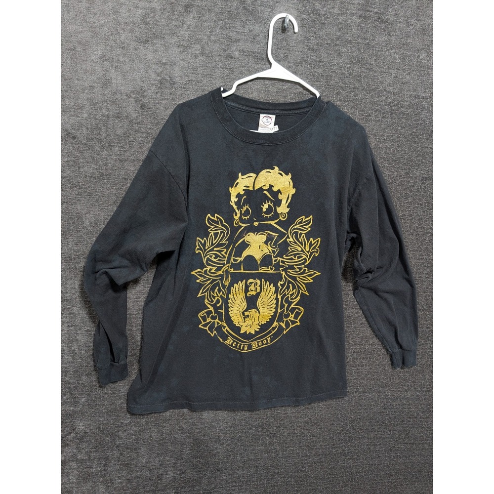 Betty Boop Gold Crest Graphic Long Sleeve Shirt Black Delta Magnum Weight Large